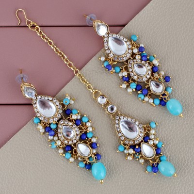 Lucky Jewellery Traditional Gold Plated kundan Stone Firoji Blue color Tika Earring set Beads Alloy Drops & Danglers