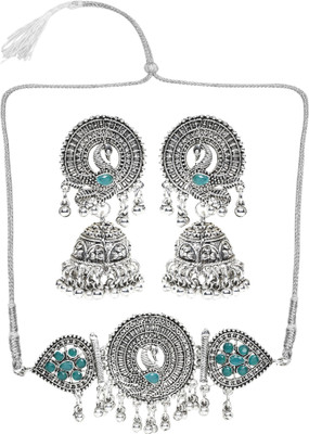 Pujvi Oxidised Silver Green Jewellery Set(Pack of 1)