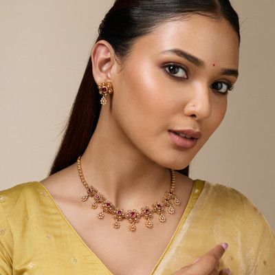 Kushal's Fashion Jewellery Copper Gold-plated Red Jewellery Set(Pack of 3)