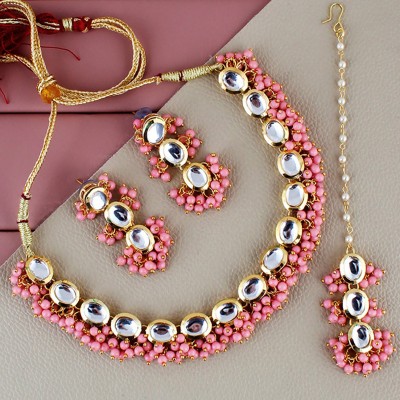 Lucky Jewellery Alloy Gold-plated Pink Jewellery Set(Pack of 4)