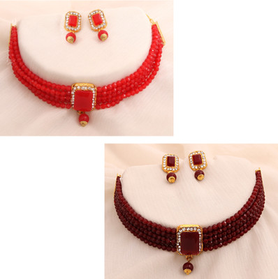 Mithila Arts Alloy Gold-plated Red, Maroon Jewellery Set(Pack of 2)