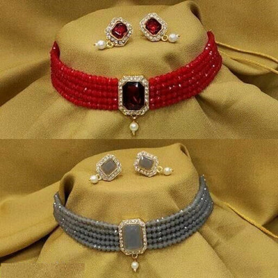 Chikku Alloy Gold-plated Grey, Red Jewellery Set(Pack of 1)