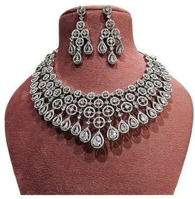 Saika Brass Silver White Jewellery Set(Pack of 1)