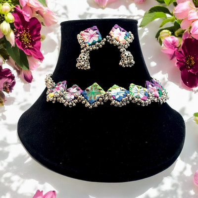 aanyaas Oxidised Silver Multicolor Jewellery Set(Pack of 1)