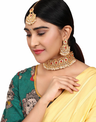 Anika's Creation Brass Gold-plated Red Jewellery Set(Pack of 4)