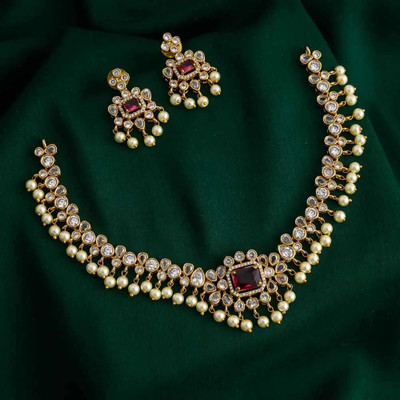 ACHU JEWELS Brass Gold-plated Red Jewellery Set(Pack of 1)