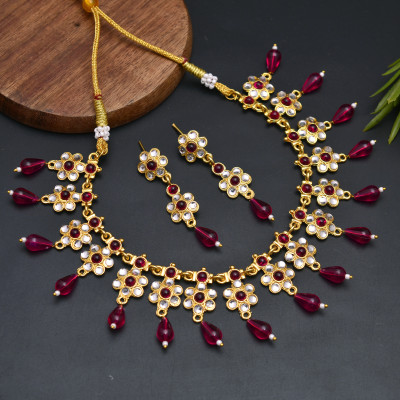 mohit jewellers Brass Gold-plated Red Jewellery Set(Pack of 1)