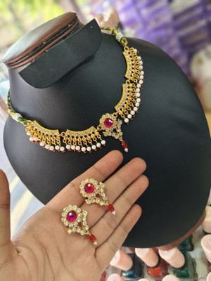 Maa Karni Brass Gold-plated Red Jewellery Set(Pack of 1)