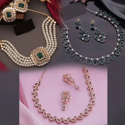 VEDDAA Brass Gold-plated Rose Gold, Gold, Silver, White, Green Jewellery Set(Pack of 3)