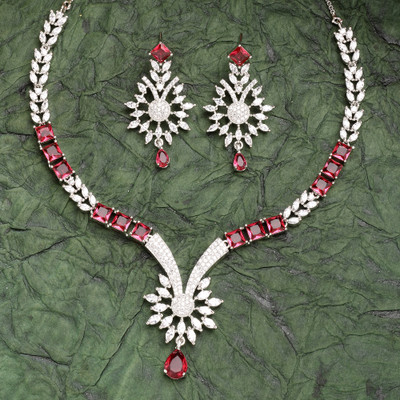 ZENEME Brass Rhodium Red Jewellery Set(Pack of 3)