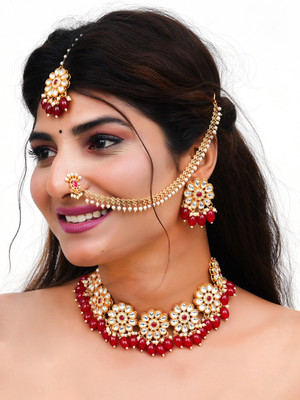AHOORA Brass Gold-plated Maroon Jewellery Set(Pack of 1)