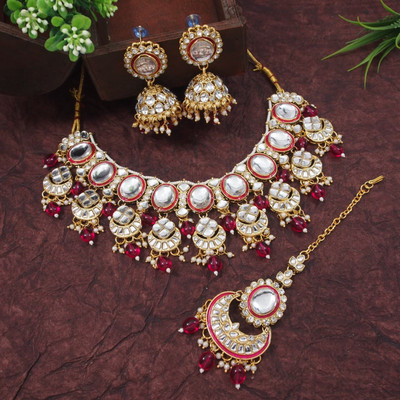 OrnaDzn Zevellery Alloy Gold-plated Ruby Red Jewellery Set(Pack of 4)
