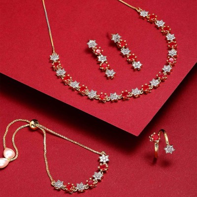 ZENEME Alloy Gold-plated Silver, Red Jewellery Set(Pack of 1)