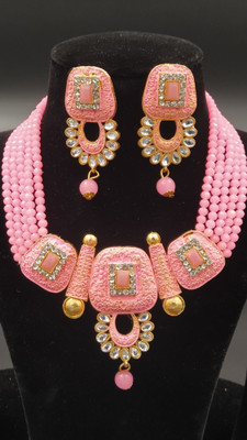 Gauri FashionHub Crystal, Copper, Dori Gold-plated Pink Jewellery Set(Pack of 1)