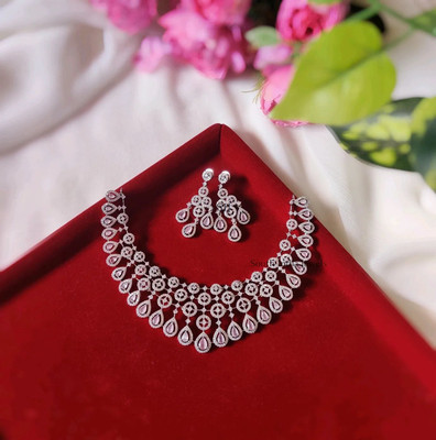 Saika Brass Silver White Jewellery Set(Pack of 1)