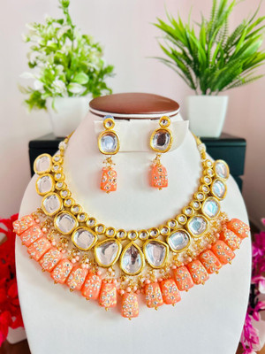 angels jewels Brass Gold-plated Orange Jewellery Set(Pack of 1)