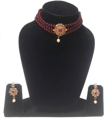 Aksh Enterprises Alloy Gold-plated Maroon Jewellery Set(Pack of 3)