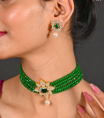 Tanusha Jewels Brass, Crystal Gold-plated Green Jewellery Set(Pack of 1)