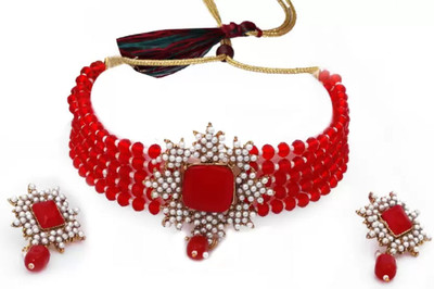 jatin imitation Metal, Stone Gold-plated Red Jewellery Set(Pack of 3)