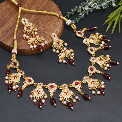 mohit jewellers Brass Gold-plated Maroon Jewellery Set(Pack of 1)