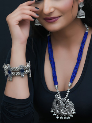 SHUBHAM JEWELLERS Oxidised Silver Brass Blue Jewellery Set(Pack of 1)