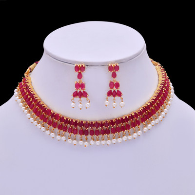 Poojajewl Brass Rhodium Red Jewellery Set(Pack of 3)