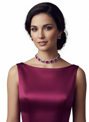 Nyora Alloy Silver Pink Jewellery Set(Pack of 1)