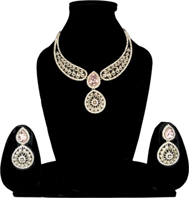 Krishine Jewels Brass Silver Pink Jewellery Set(Pack of 1)