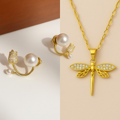 Henuka Alloy Gold-plated White Jewellery Set(Pack of 2)