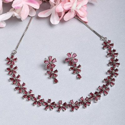 ZENEME Brass Rhodium Red Jewellery Set(Pack of 3)