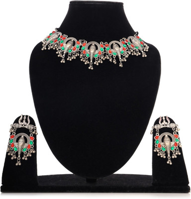 JoyoGram Stone, Oxidised Silver Red, Green, Silver Jewellery Set(Pack of 1)