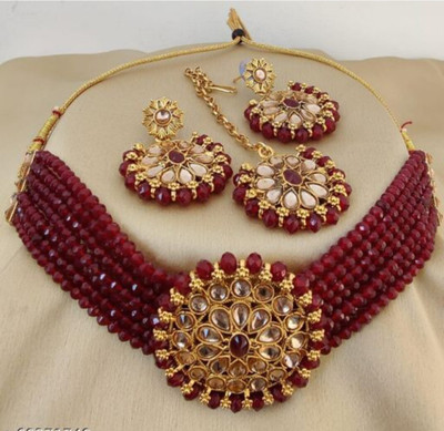 Hulashi Art Alloy Gold-plated Maroon Jewellery Set(Pack of 1)