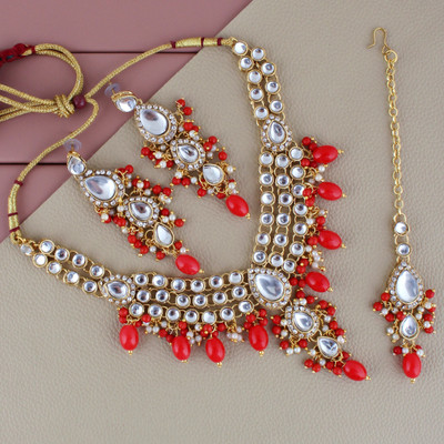 Lucky Jewellery Alloy Gold-plated Red Jewellery Set(Pack of 4)