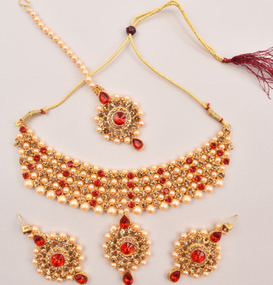 Chikku Alloy Gold-plated Red Jewellery Set(Pack of 3)