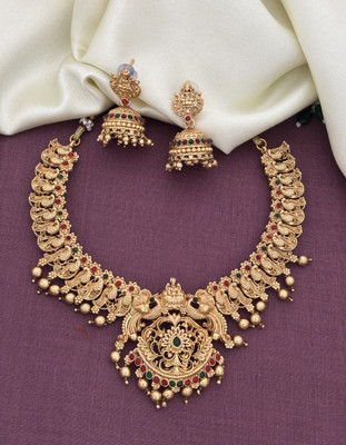 Influtive Traditional Wedding Wear Necklace/Jewellery Set For Women and Girls Cubic Zirconia Gold-plated Plated Brass Necklace Set