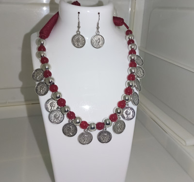 drishana Fabric, Oxidised Silver, Glass Maroon, Silver Jewellery Set(Pack of 1)