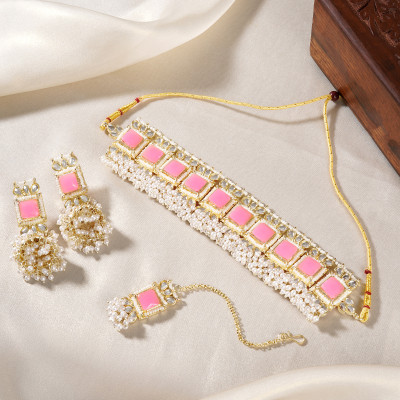 Teejh Alloy Gold-plated Pink Jewellery Set(Pack of 4)