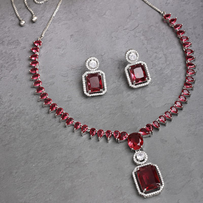 ZENEME Brass Rhodium Red Jewellery Set(Pack of 3)