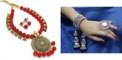 Dev Fashion Oxidised Silver, Alloy Sterling Silver, Gold-plated Silver, Red Jewellery Set(Pack of 2)