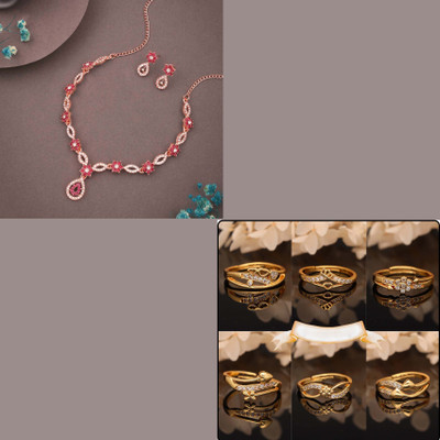 VEDDAA Brass Silver Gold, Rose Gold, Pink Jewellery Set(Pack of 7)