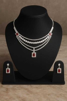 FRcollection Metal Rhodium Silver, Ruby Red Jewellery Set(Pack of 1)