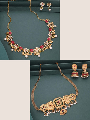 Sangria Brass Gold-plated Red, Turquoise Jewellery Set(Pack of 2)