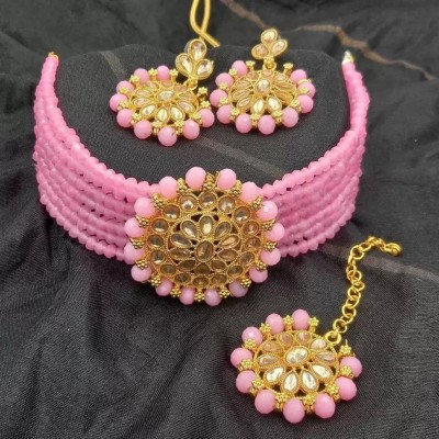 jatin imitation Metal, Stone Gold-plated Pink Jewellery Set(Pack of 1)