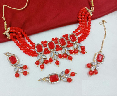 Manmohini Alloy Gold-plated Red Jewellery Set(Pack of 1)
