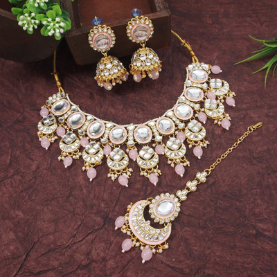 OrnaDzn Zevellery Alloy Gold-plated Pink Jewellery Set(Pack of 4)