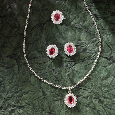 ZENEME Brass Rhodium Red Jewellery Set(Pack of 3)