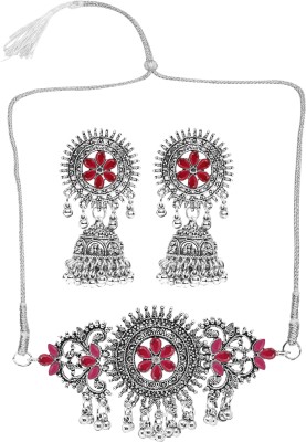 Pujvi Oxidised Silver Maroon Jewellery Set(Pack of 1)