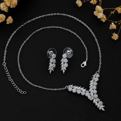 The DV Atelier Womens Brass Cubic Zirconia Necklace and Earrings Jewellery Set Sterling Silver Cubic Zirconia Sterling Silver Pendant Set