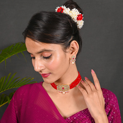 Tanusha Jewels Brass, Crystal Gold-plated Red Jewellery Set(Pack of 1)