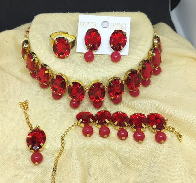 suman jewellers Crystal Gold-plated Red Jewellery Set(Pack of 3)